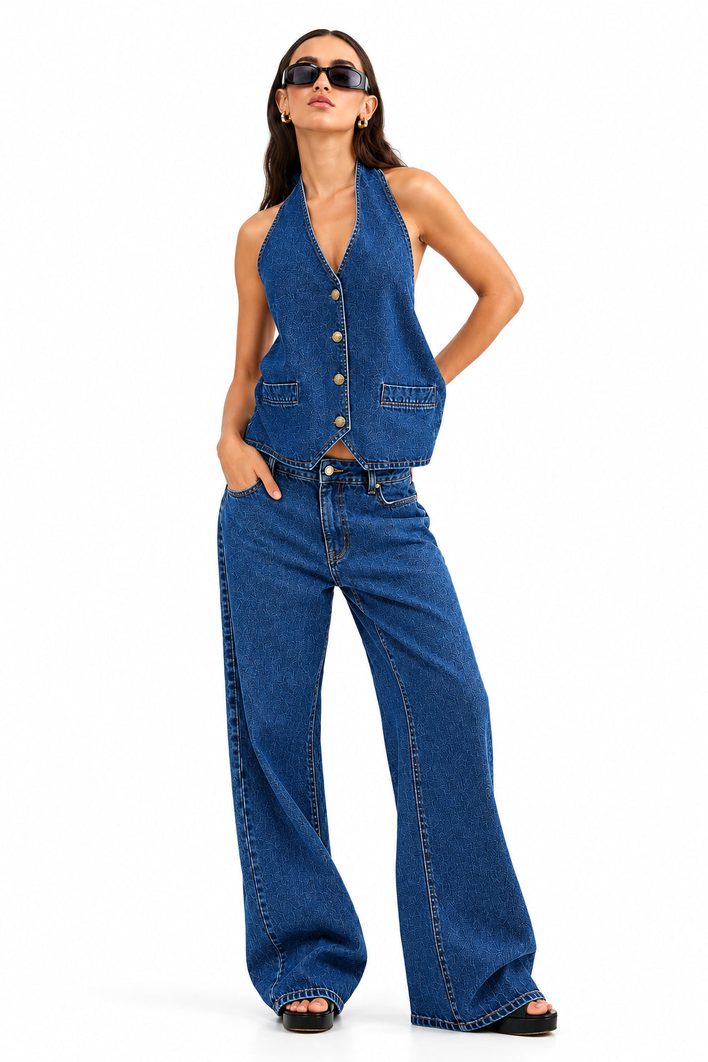 Perssia DenimMuse Two‑Piece Set — Backless Button‑Down Tank & Wide‑Leg Jeans (Women’s Denim Outfit)-US2D