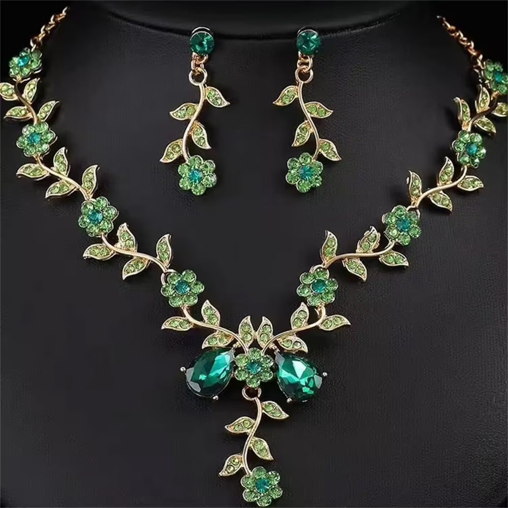 Perssia EmeraldBloom Jewelry Set — Green Flower Leaf Rhinestone Necklace & Earrings Set