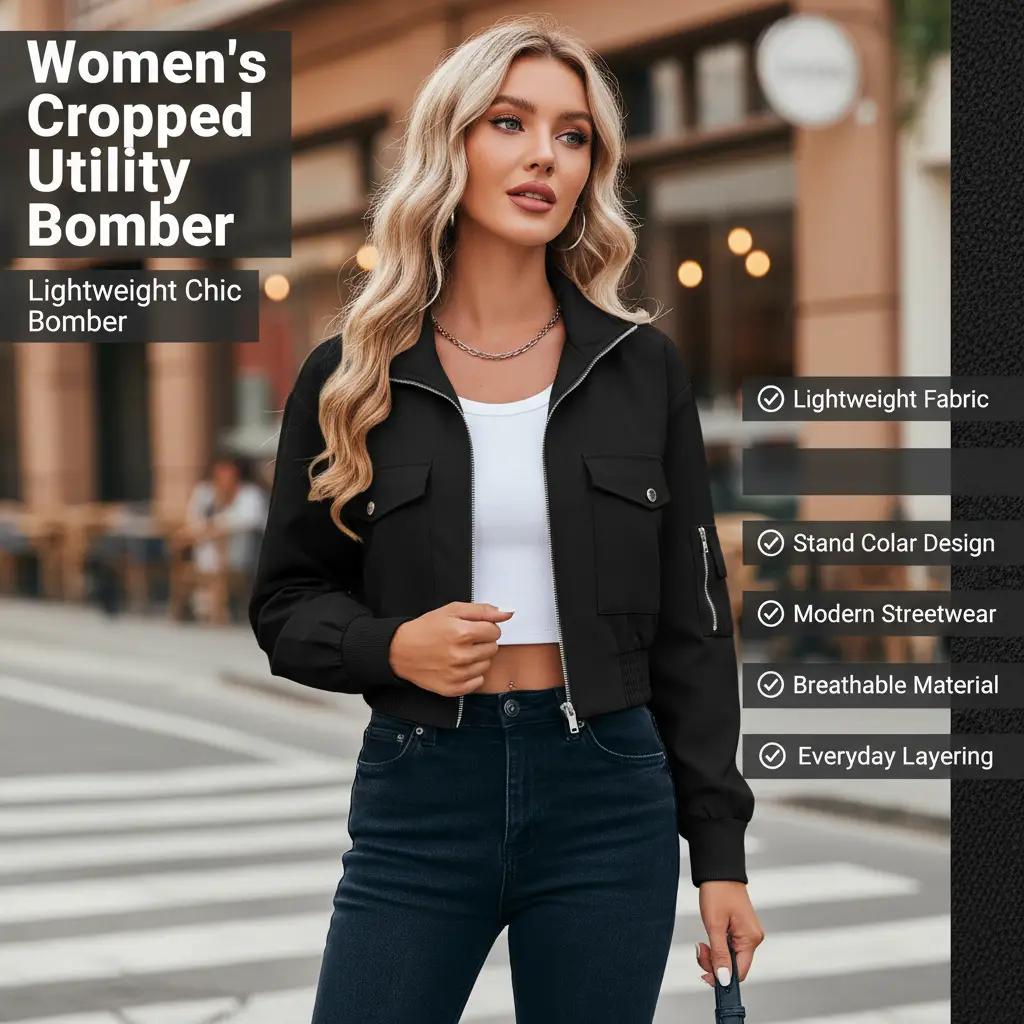 Perssia FlexAero Utility Bomber Women’s Cropped Lightweight Zip‑Up Stand Collar Jacket-US2D