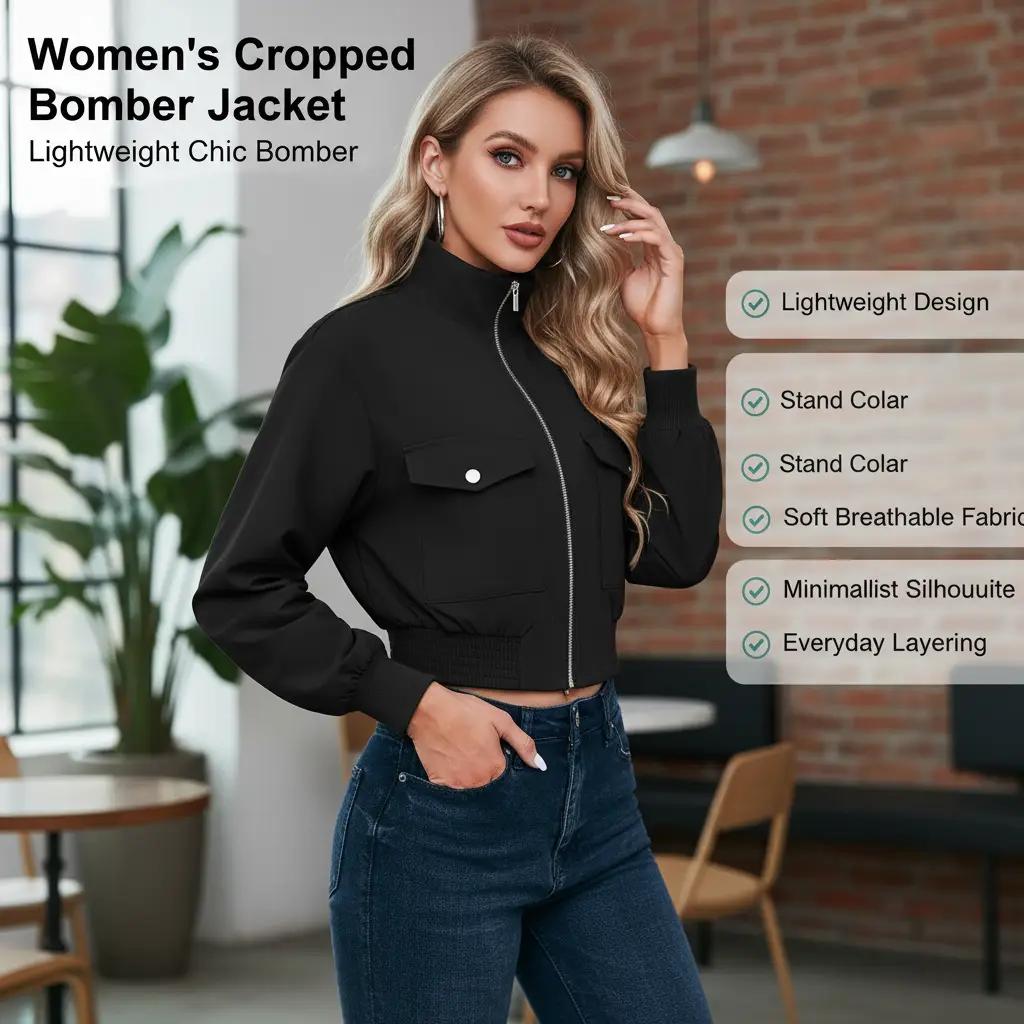 Perssia FlexAero Utility Bomber Women’s Cropped Lightweight Zip‑Up Stand Collar Jacket-US2D