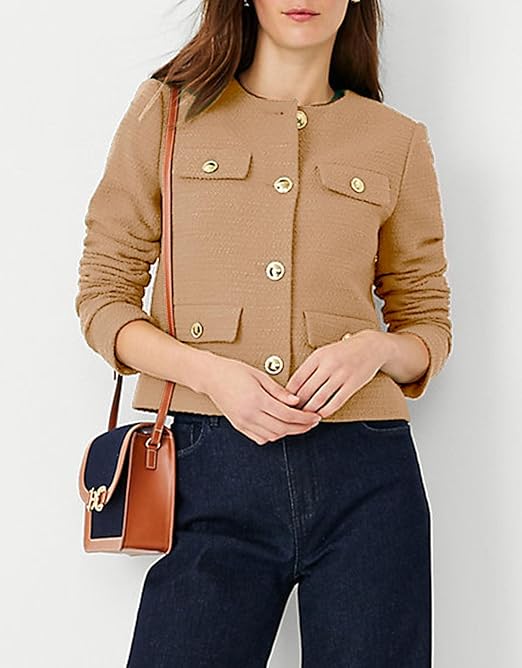 Perssia LuxeTweed Cropped Blazer — 2024 Old‑Money Collarless Jacket (Khaki)