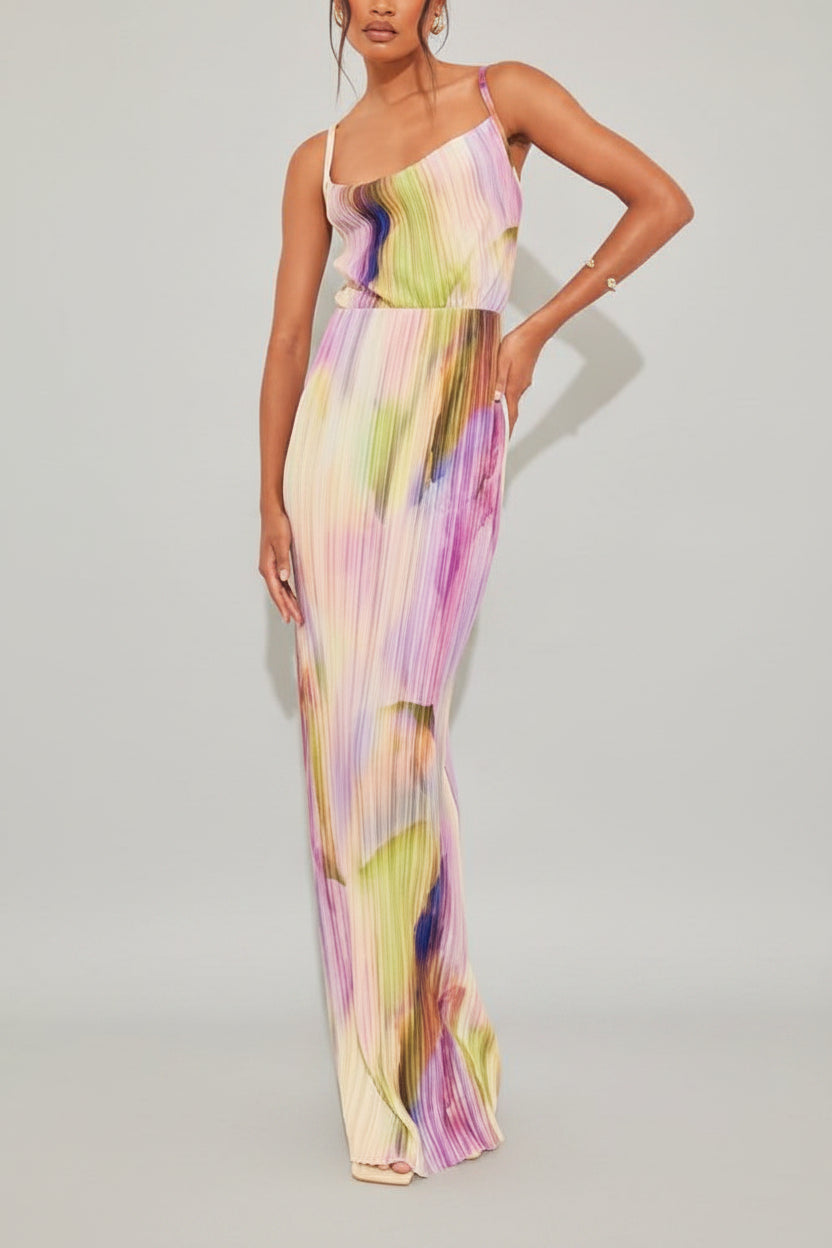 Perssia PlisséPetal Maxi Dress Floral Plissé — Pink (M) Strap‑Shoulder Pleated A‑Line Dress-US2D