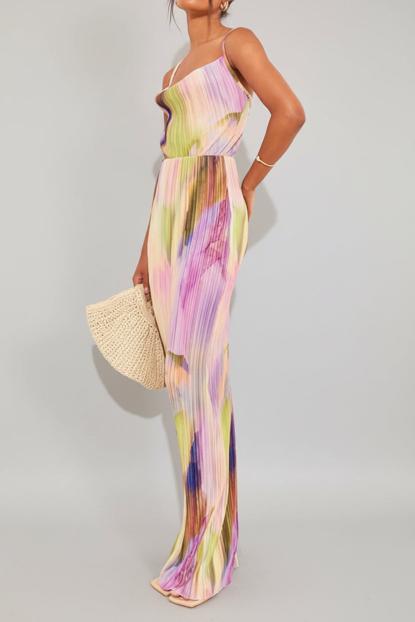 Perssia PlisséPetal Maxi Dress Floral Plissé — Pink (M) Strap‑Shoulder Pleated A‑Line Dress-US2D