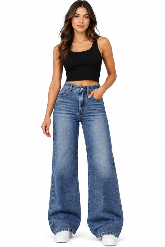 Shopify best seller marketing graphic showing a woman modeling roswear high waisted wide leg jeans in blue denim with text callouts highlighting the high rise waist, stretchy comfort fabric, and flattering wide leg silhouette.