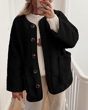 Perssia SherpaLuxe Women Fuzzy Winter Coat — Soft Button‑Up Warm Fleece Jacket (Black)