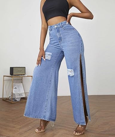 Perssia SlitCurve Wide‑Leg Jeans — High‑Waisted Ripped Distressed Side‑Slit Denim (S–3XL)