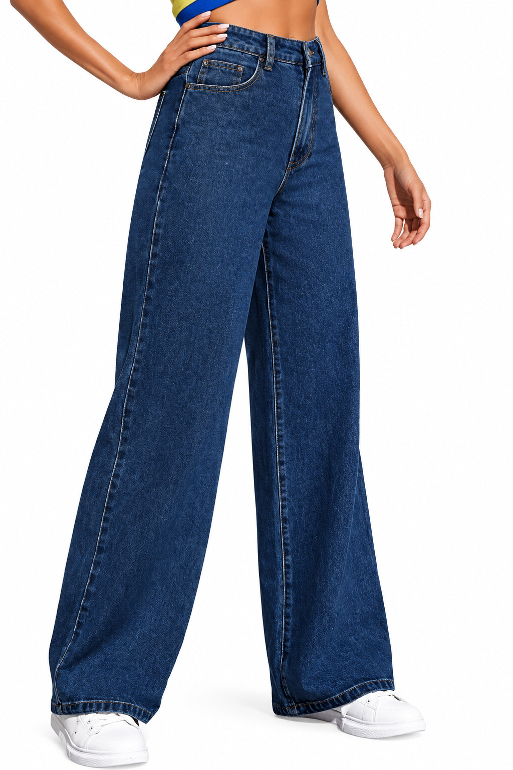 Blue wide-leg jeans worn by a person on a white background