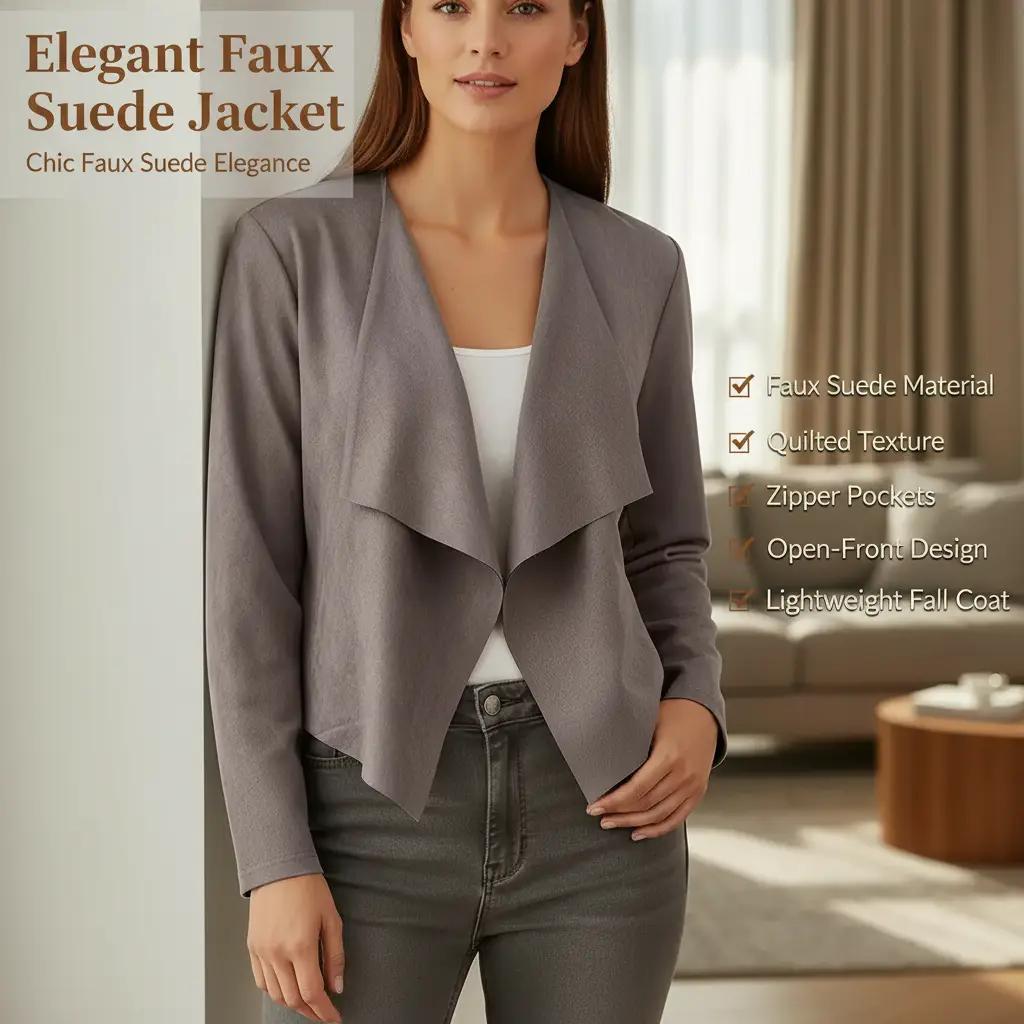 Perssia SuedeFlow Cropped Waterfall Jacket — 2024 Faux Suede Fall Coat (Grey)-US2D