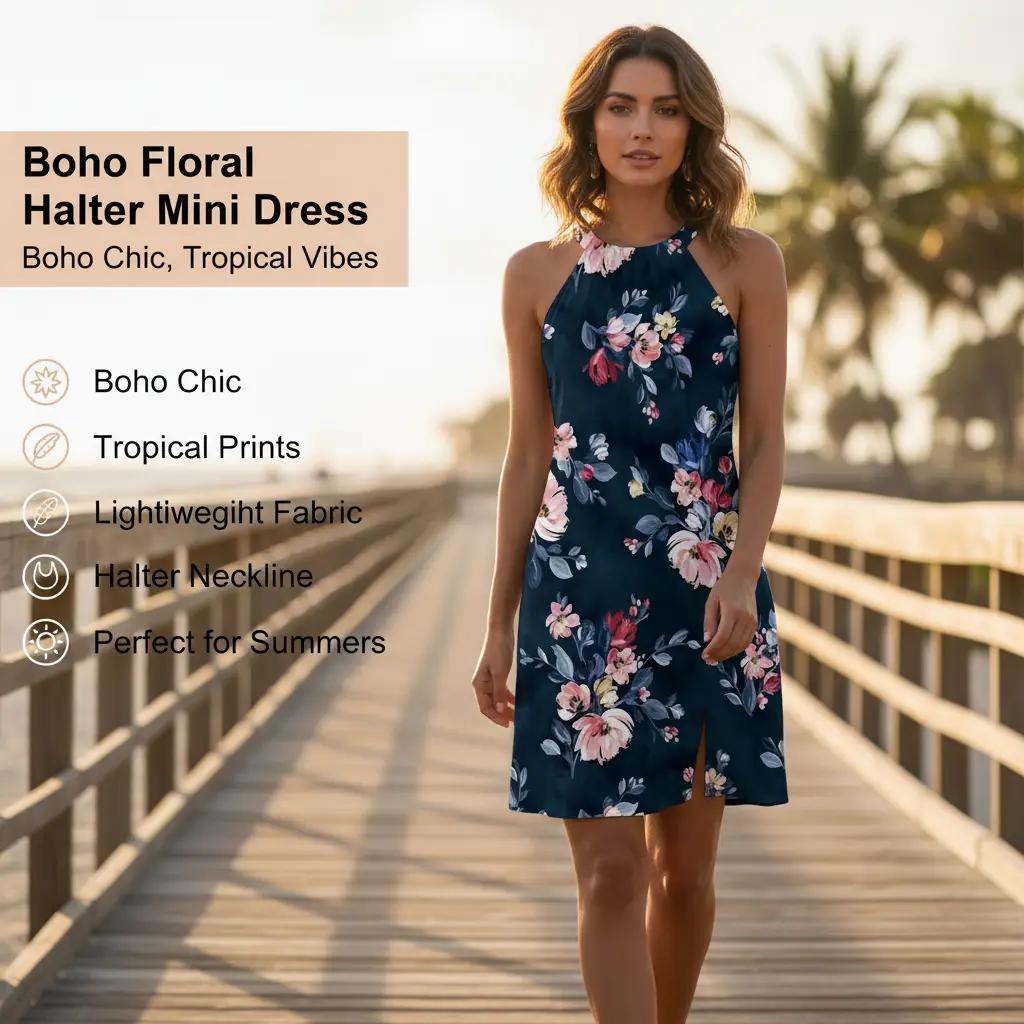 Perssia TropicBloom Halter Mini Dress — Boho Floral Summer Dress-US2D
