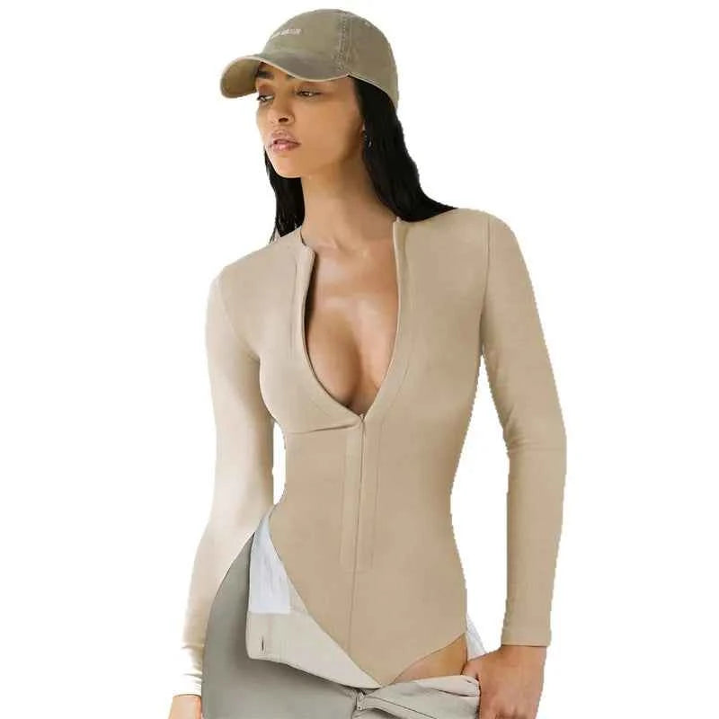“SCULPTIVA™ ZIPFORM BODYSUIT” Womens Long Sleeve Zip Up Bodysuit Tops Sexy Stretchy Slim Fit Tummy Control Seamless Ribbed Shapewear Body suits Khaki Large