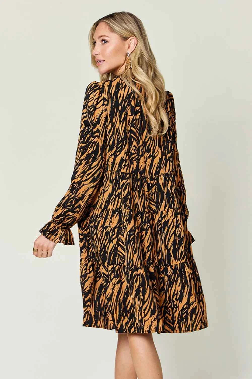 Double Take Full Size Printed Ruffle Hem Long Sleeve Dress Plus Size-Tre(INT8D)