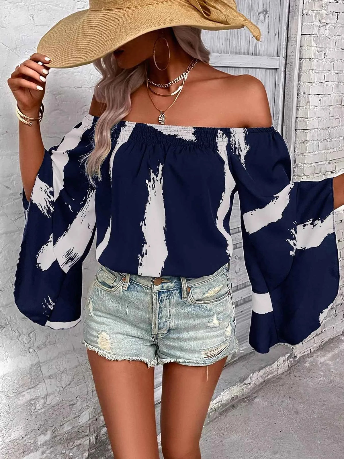 Off Shoulder Bell Sleeve Blouse – Navy (Smocked & Ruffled) - TreUS