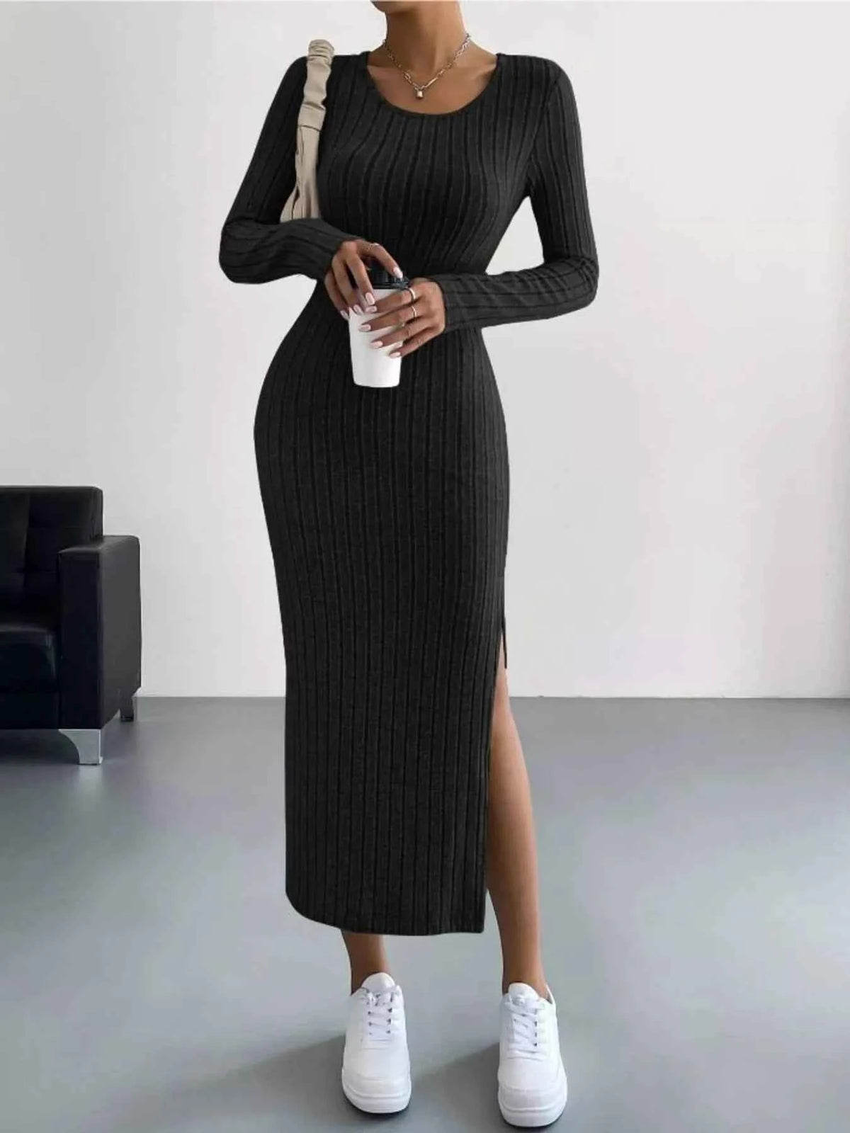 Full Size Ribbed Knit Bodycon Midi Dress Plus Size - TreUS