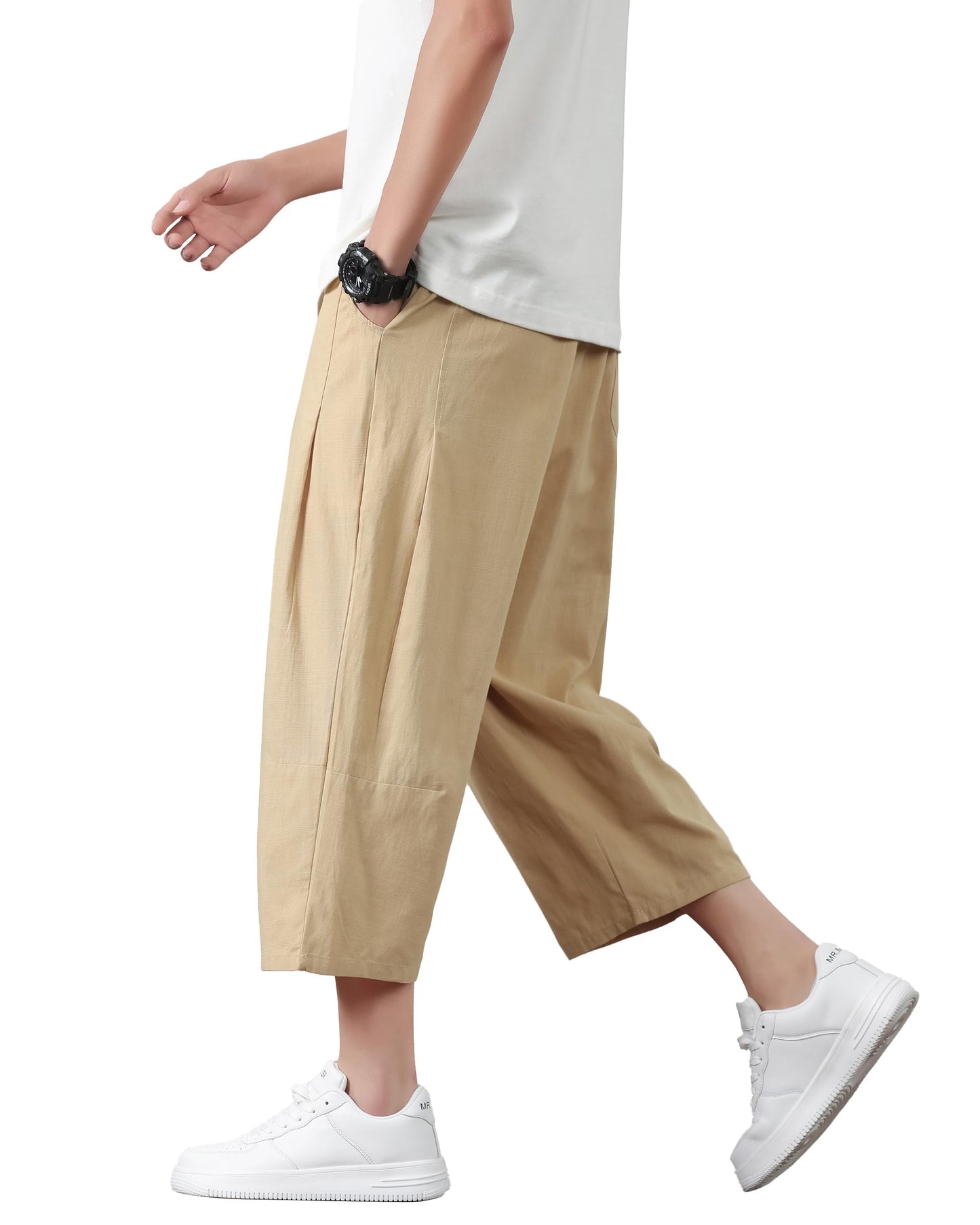 PRIJOUHE Mens Harem Pants Casual Lightweight Loose Fit Capri Pants Linen Beach Pants with Elastic Waistband Yellow-US
