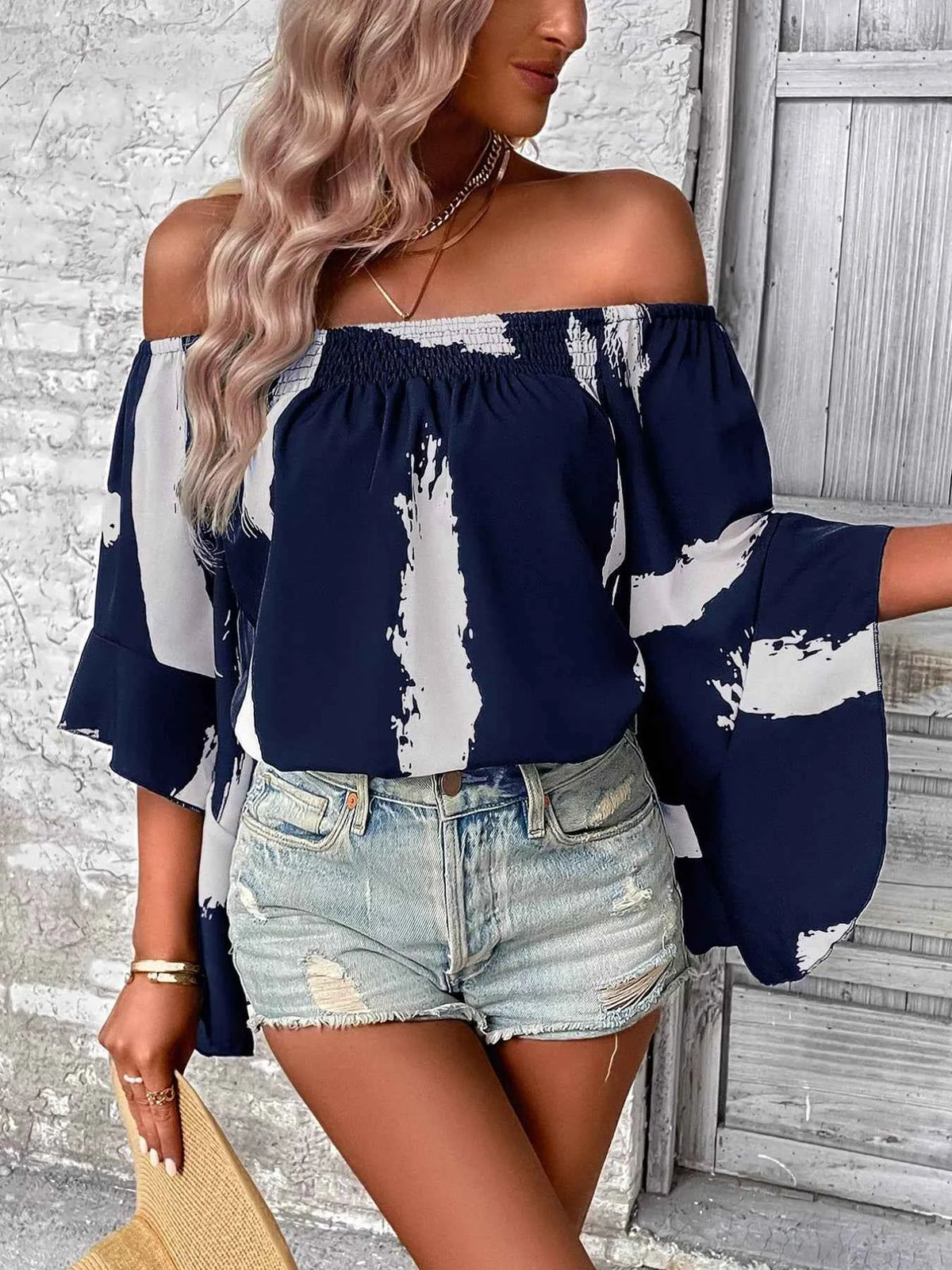 Off Shoulder Bell Sleeve Blouse – Navy (Smocked & Ruffled) - TreUS