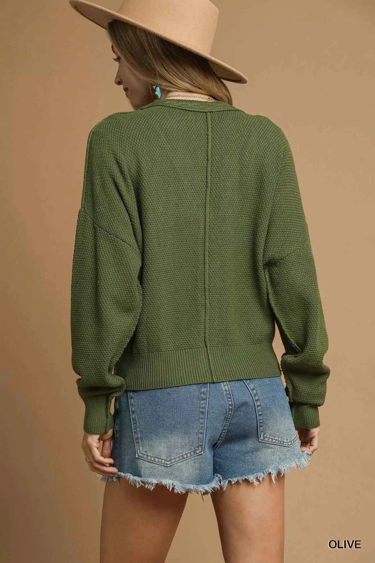Umgee Chunky Cable Knit V-Neck Button-Up Cardigan - TreUS