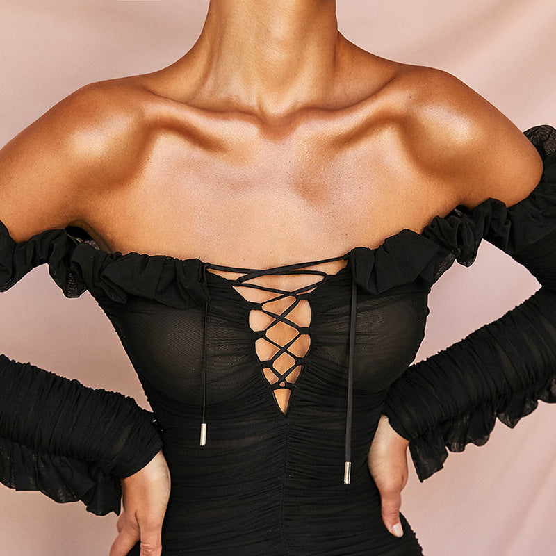Fashionable Sheer Ruffle Long Sleeve Deep V Dress -INT8
