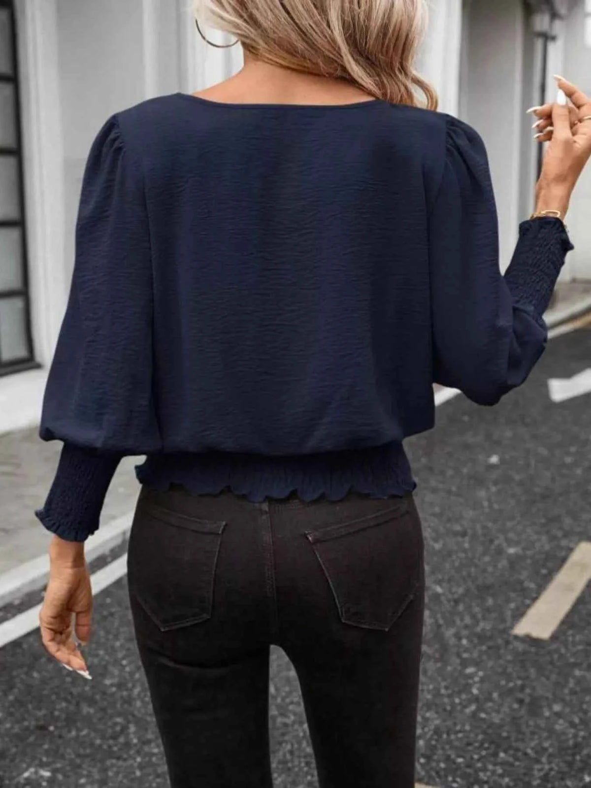 Smocked Waist Round Neck Blouse - TreUS