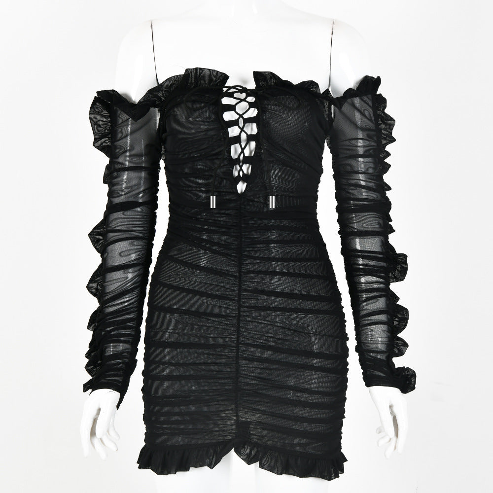 Fashionable Sheer Ruffle Long Sleeve Deep V Dress