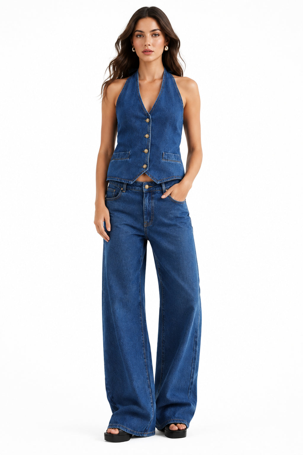 Perssia DenimMuse™ Two Piece Set Women Denim Set Button Down Backless Tank Top and Wide Leg Jeans 2 Piece Outfit Suits - PERSSIA