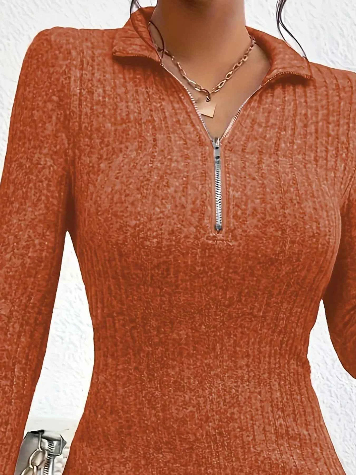 Ribbed Knit Bodycon Mini Dress with Zipper - TreUS
