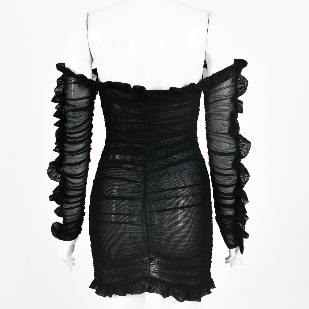 Fashionable Sheer Ruffle Long Sleeve Deep V Dress -INT8