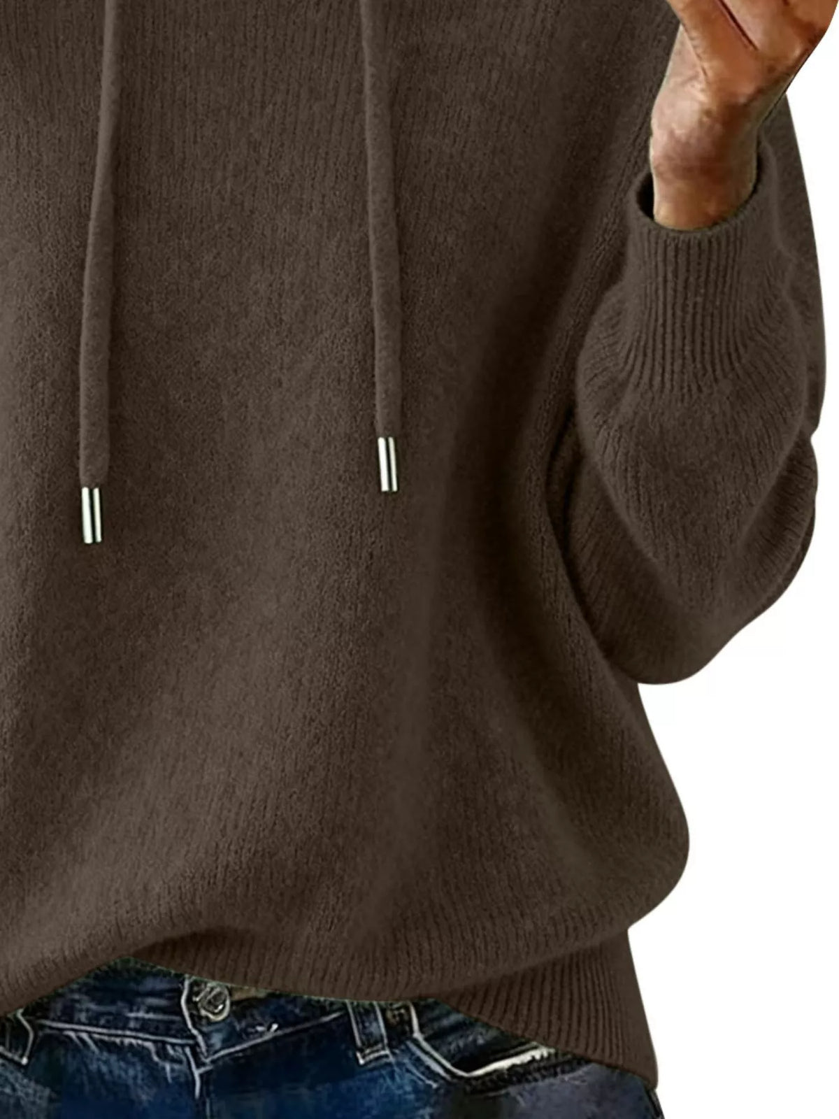 Brown hoodie worn by a person on a white background