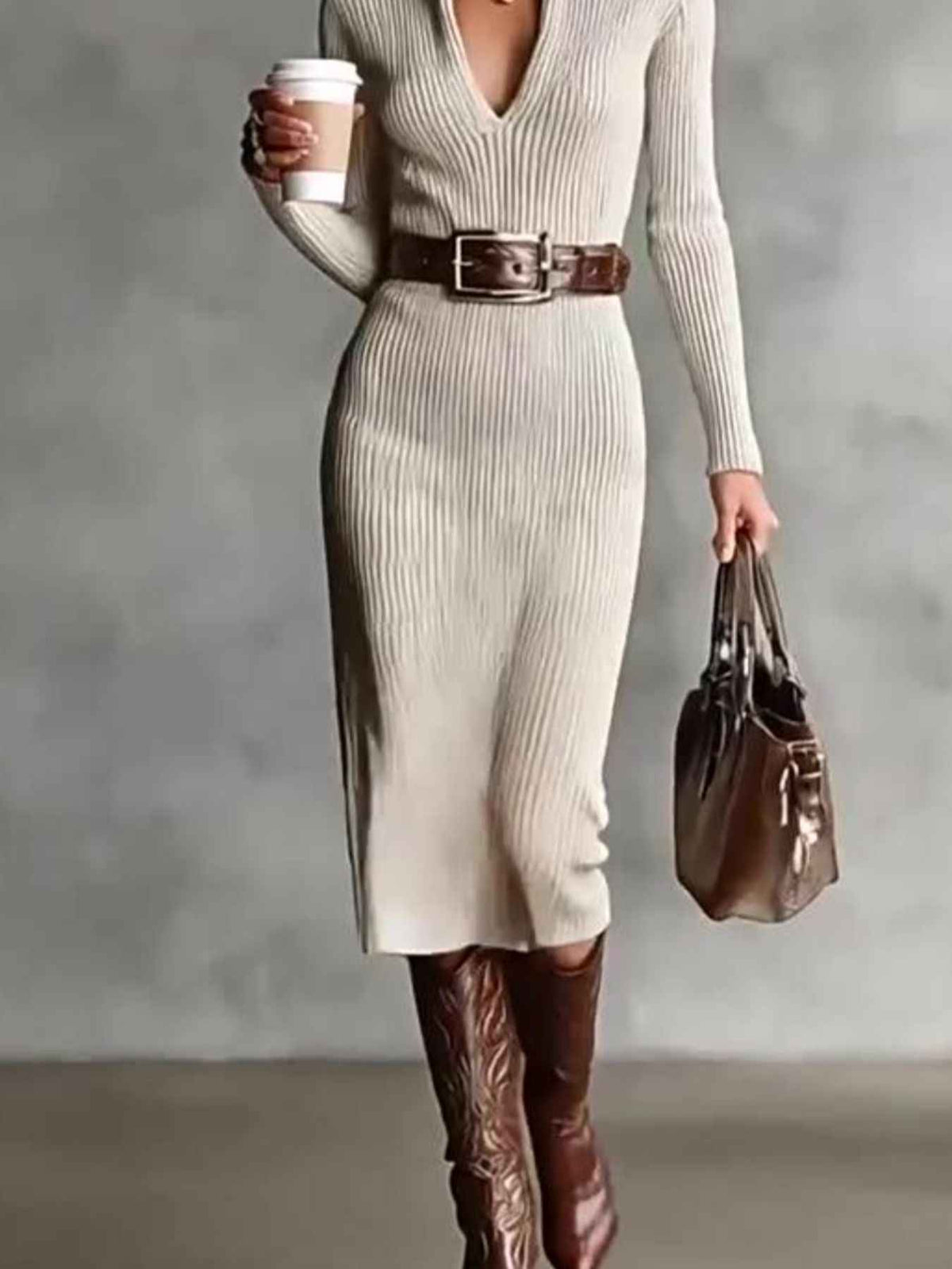 Ribbed Knit Turtleneck Bodycon Sweater Dress - TreUS