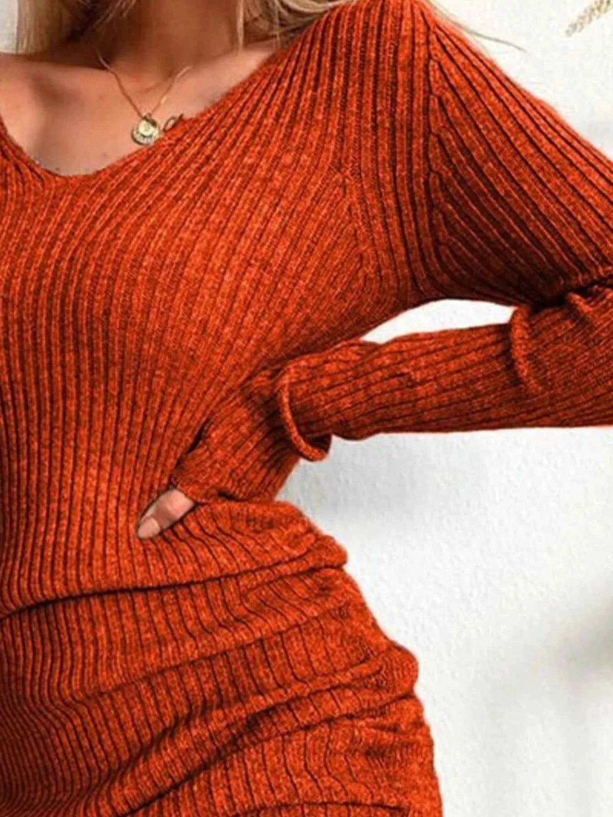 Full Size Ribbed Knit Drawstring Bodycon Sweater Dress Plus Size - TreUS