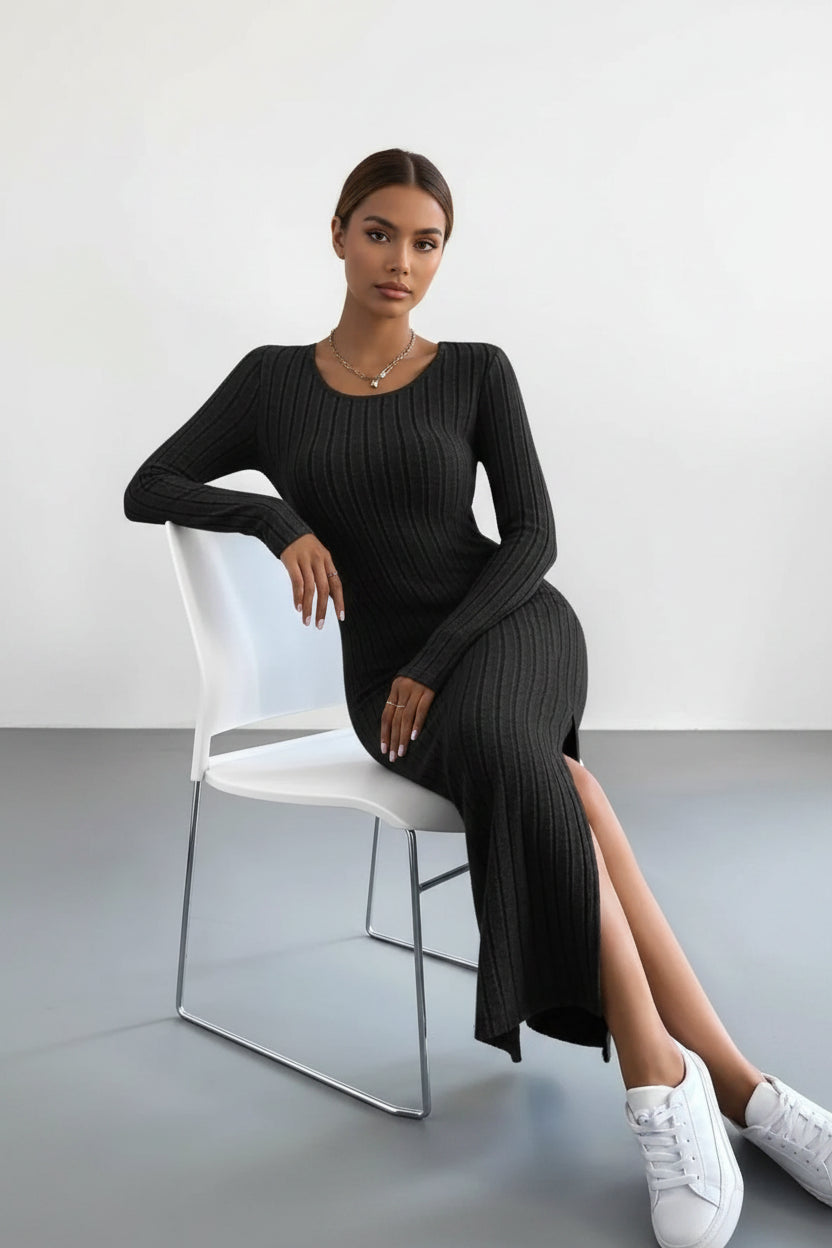 Full Size Ribbed Knit Bodycon Midi Dress Plus Size - Tre(INT8)