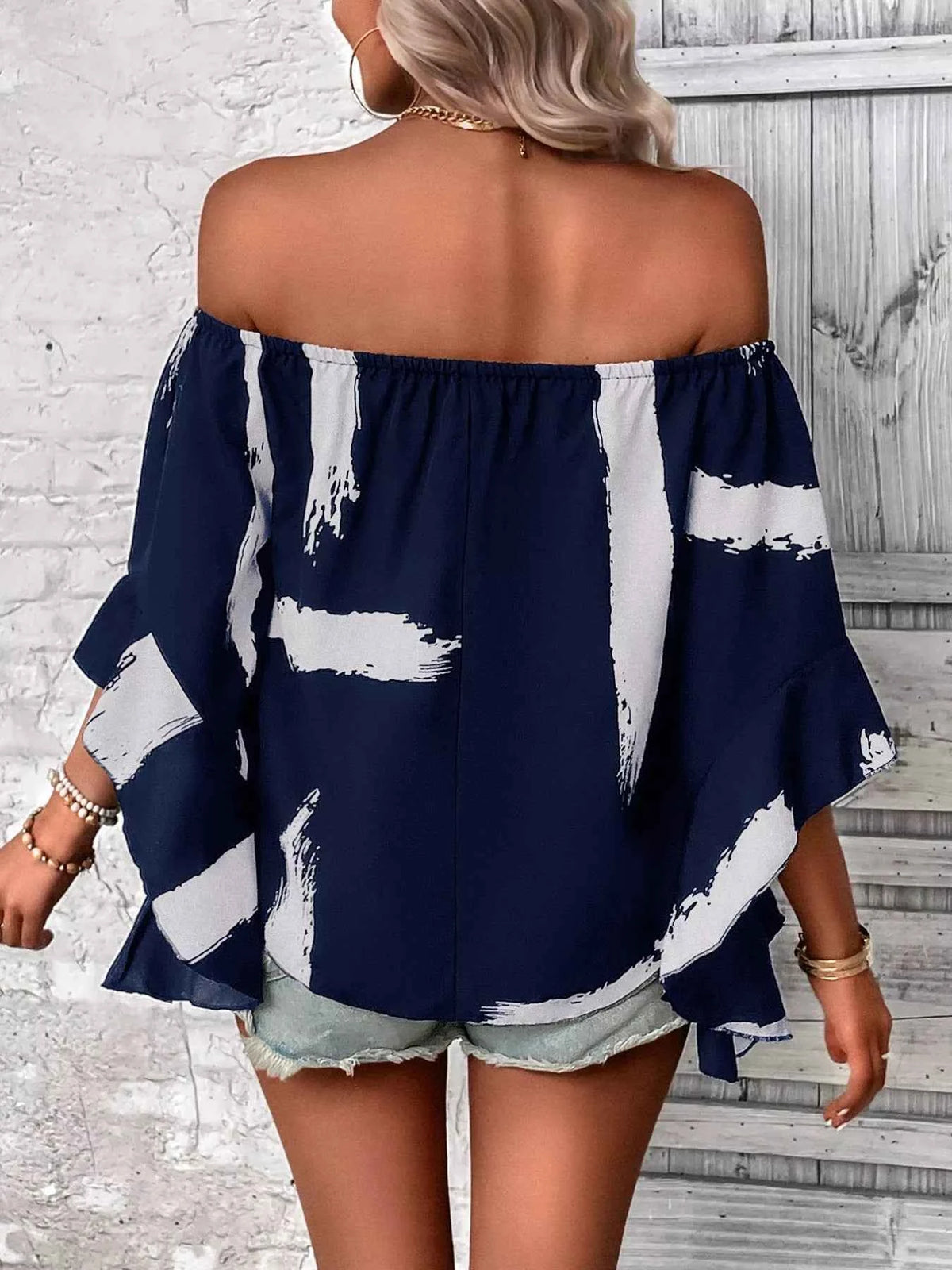 Off Shoulder Bell Sleeve Blouse – Navy (Smocked & Ruffled) - TreUS