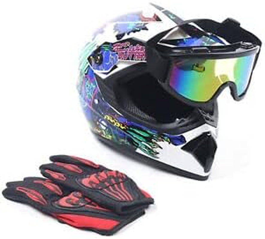 Youth Kids Safety Motocross Helmet ABS Breathable Unisex Youth Kids Helmet W/Goggles Gloves DOT Motocross ATV Dirt Bike Helmet Kit USA Stock (COLOR 4 M)