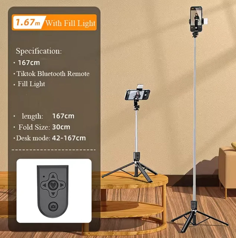 1.7M Long Extended Bluetooth Wireless Selfie Stick Live Stand Holder Tripod Foldable with Fill Light Phone Holderfor Smartphones
