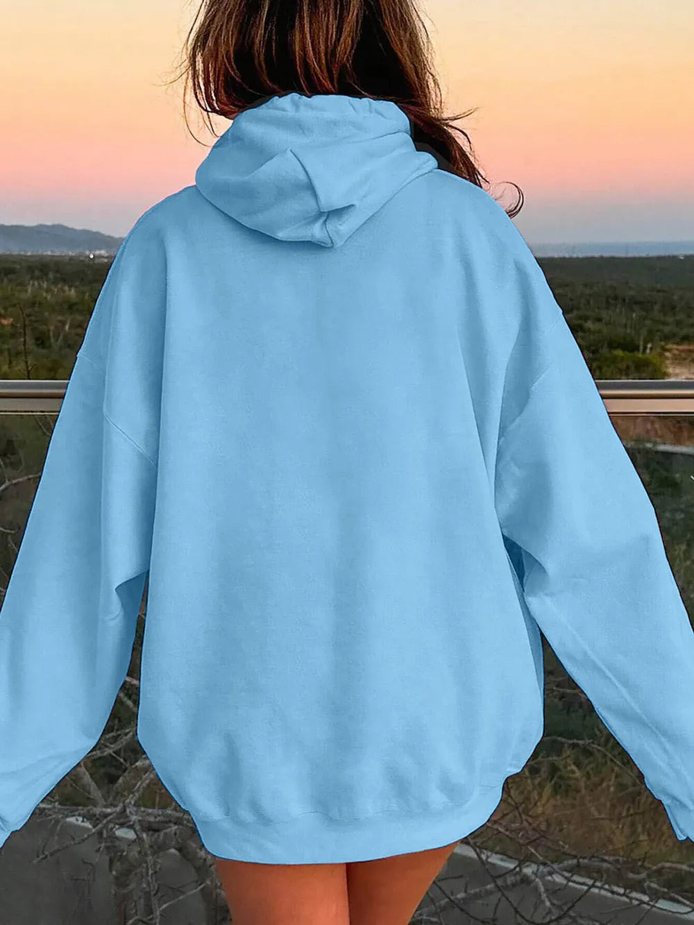 Person wearing a light blue hoodie with a scenic background