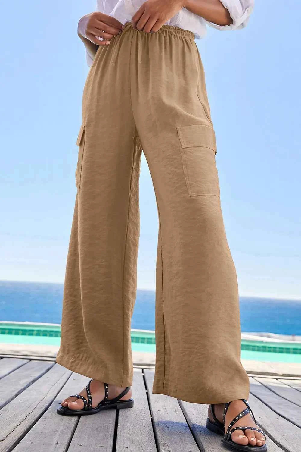 Drawstring Frilled Waist Wide Leg Utility Trousers – Khaki / Black / Dusty Blue - TreUS