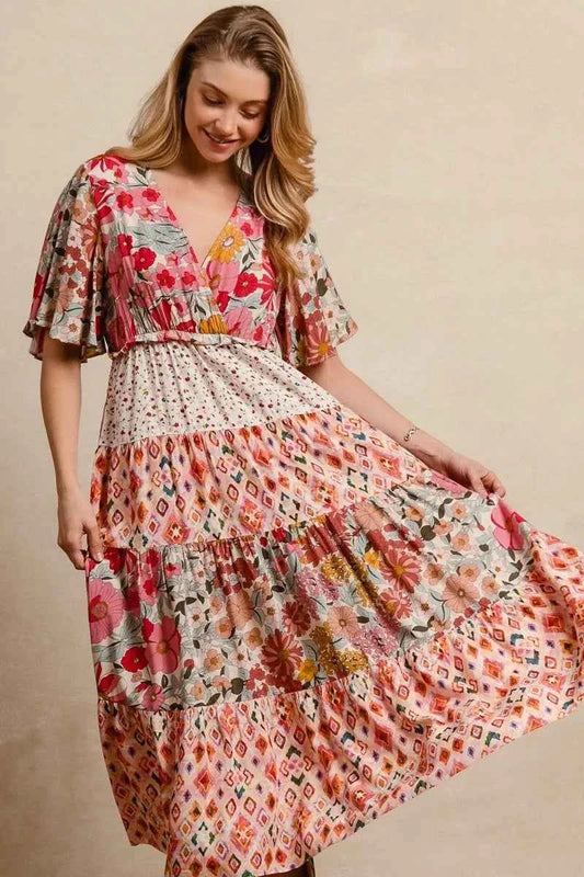 BiBi Floral Print Mix and Match Midi Dress - TreUS