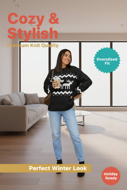 Saodimallsu Womens Oversized Christmas Sweaters Crewneck Chunky Reindeer Knit Long Sleeve Santa Xmas Pullover Sweater Black-US2D