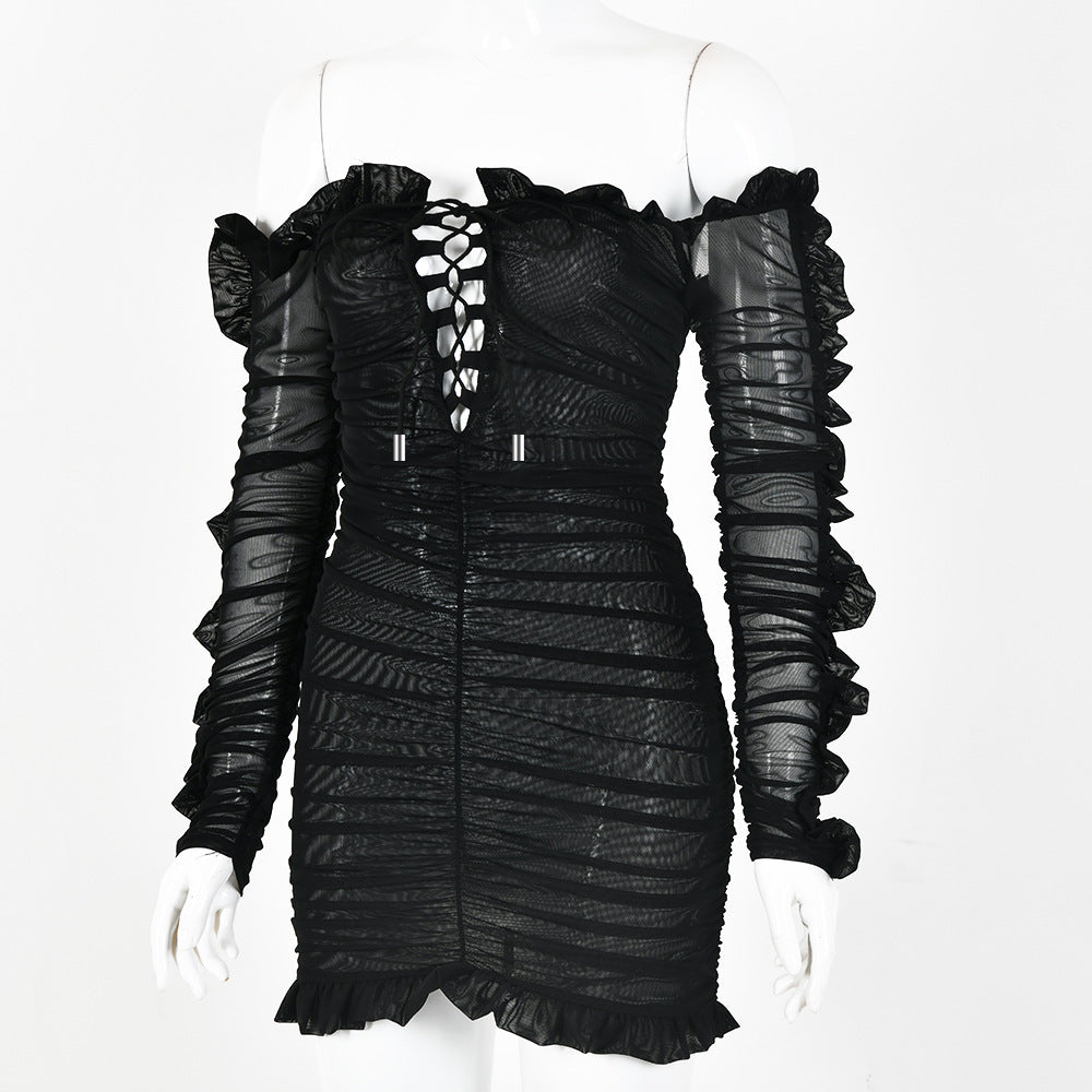 Fashionable Sheer Ruffle Long Sleeve Deep V Dress -INT8
