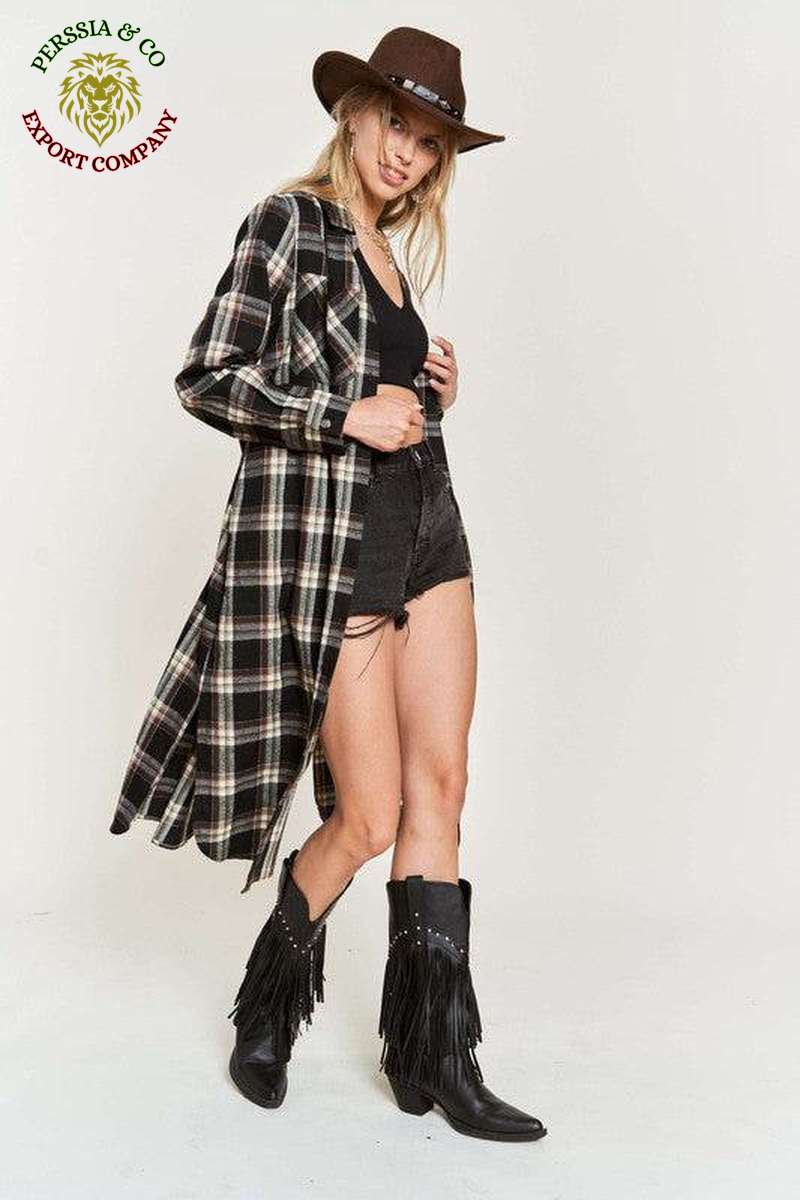 PLAID PRINT COLLAR LONG SHIRT DRESS PLUS