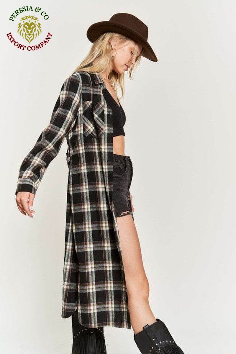 PLAID PRINT COLLAR LONG SHIRT DRESS PLUS