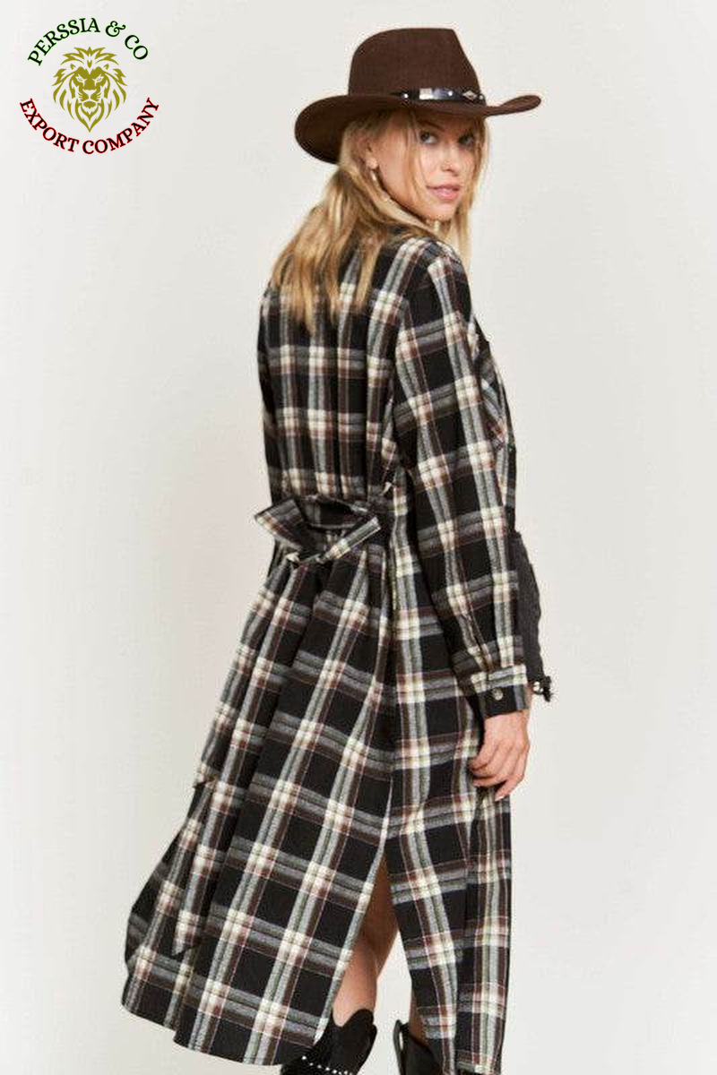 PLAID PRINT COLLAR LONG SHIRT DRESS PLUS