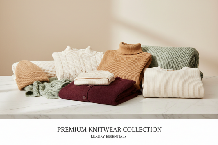 Folded sweaters in beige, cream, green, and burgundy displayed on a marble surface with soft lighting. Text below reads ‘Premium Knitwear Collection – Luxury Essentials.’ Cozy, elegant boutique knitwear