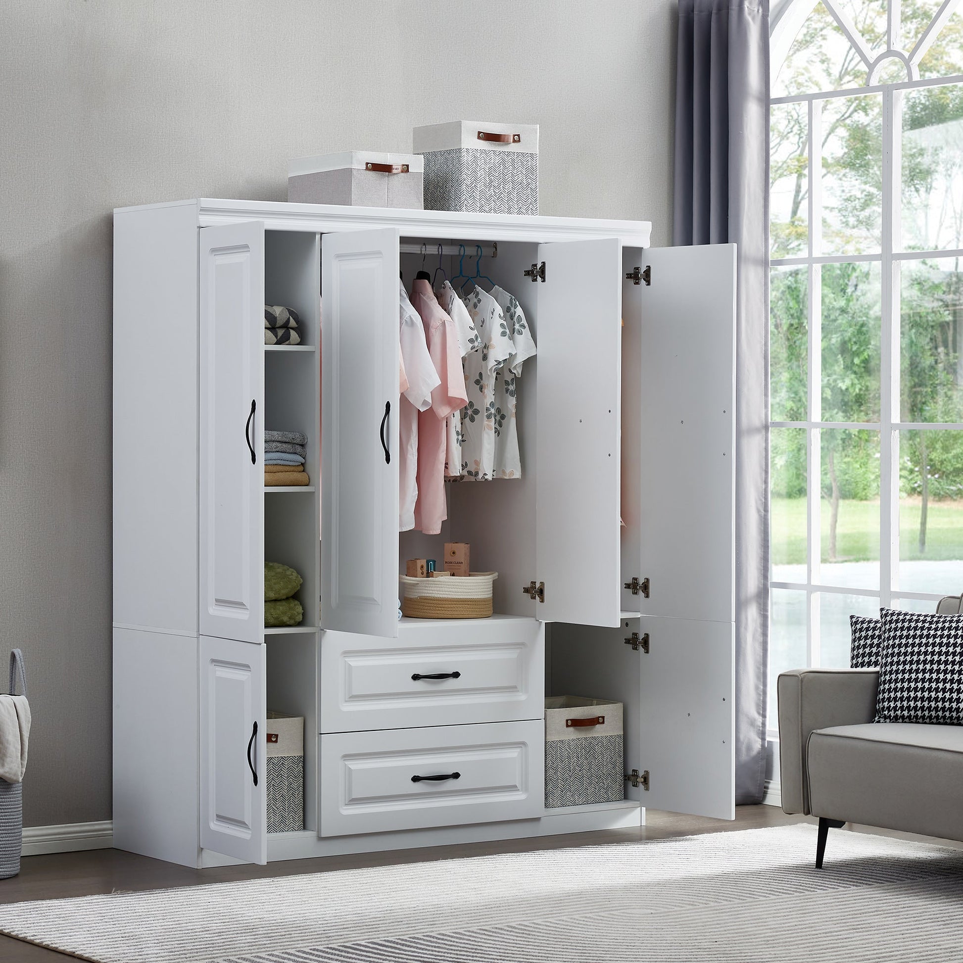 Perssia YG‑15 GrandWard™ — 74" White Freestanding Solid Wood Wardrobe Closet - PERSSIA