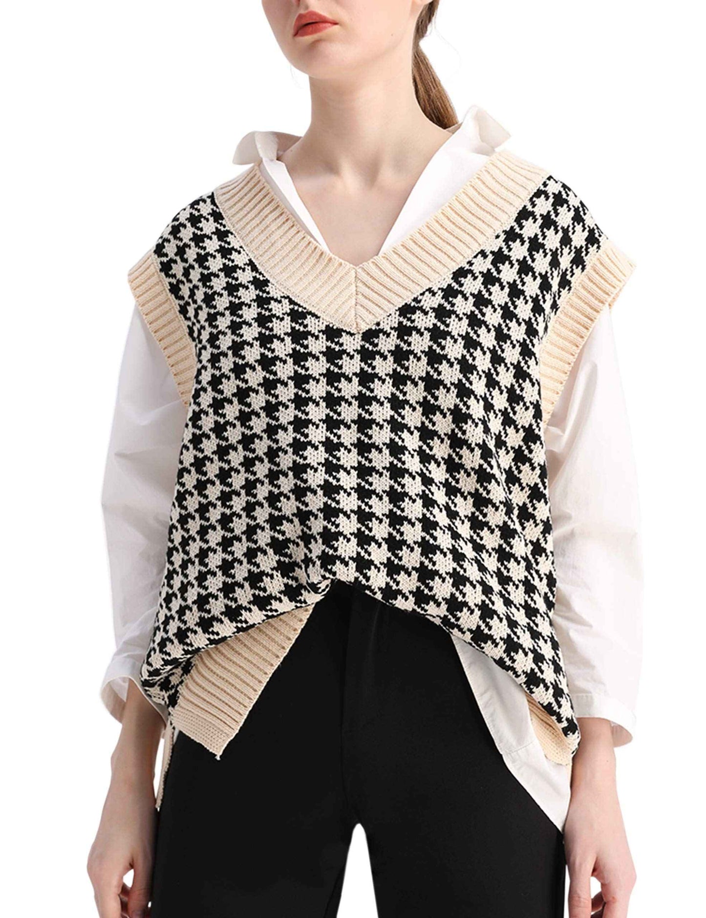 SAFRISIOR Oversized Houndstooth Knitted Vest Sweater Vintage V Neck Loose Sleeveless Sweater Apricot-US2D