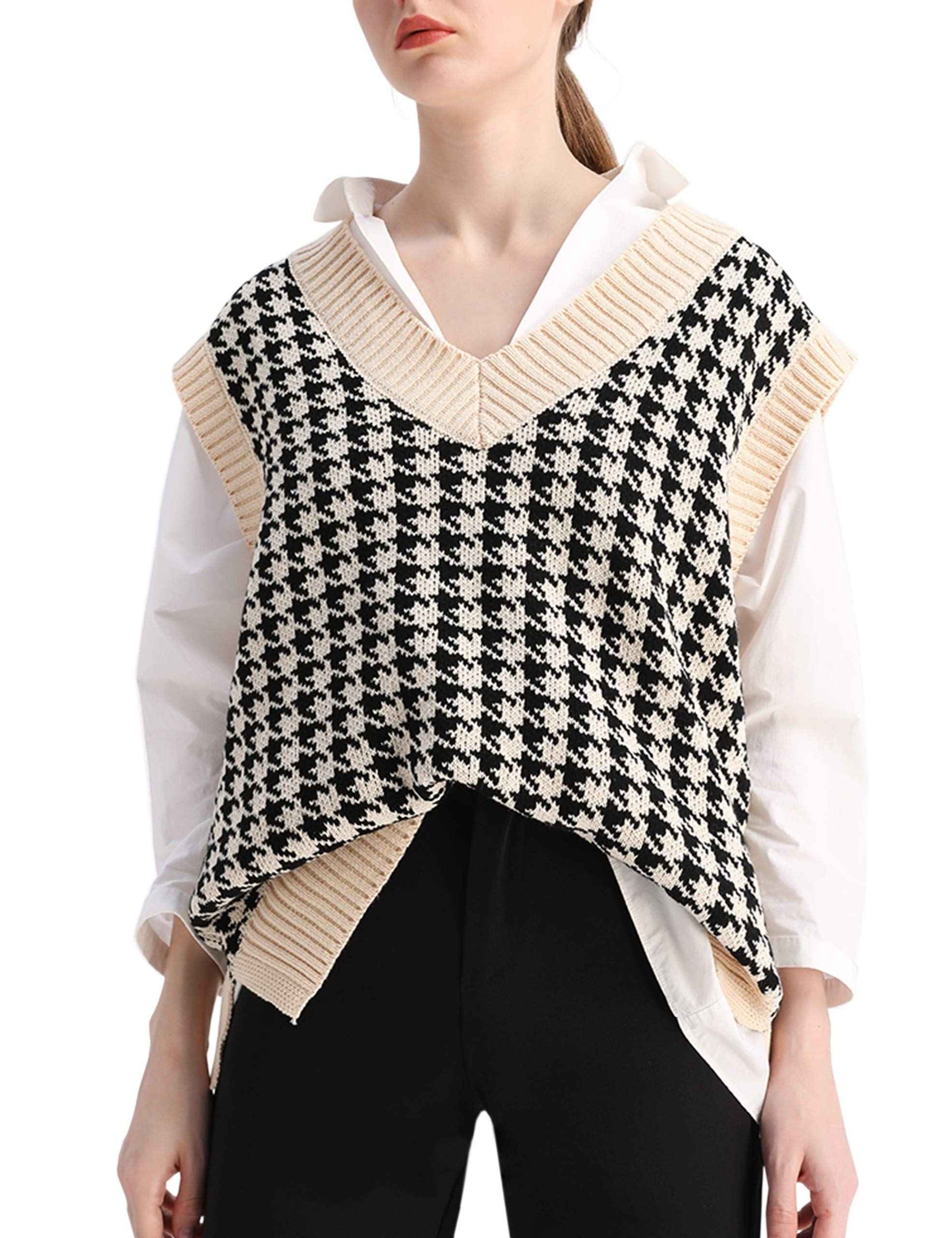 SAFRISIOR Oversized Houndstooth Knitted Vest Sweater Vintage V Neck Loose Sleeveless Sweater Apricot-US2D