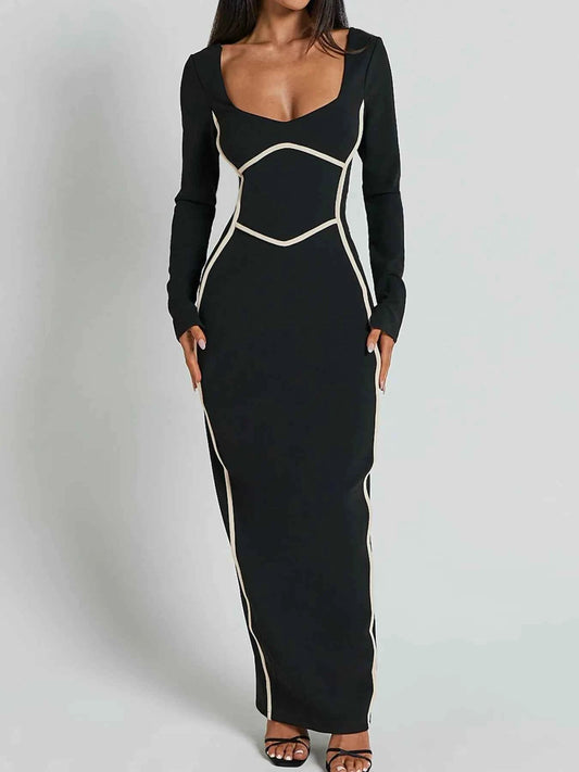 Contrast Trim Long Sleeve Bodycon Maxi Dress-Tre(INT8D)