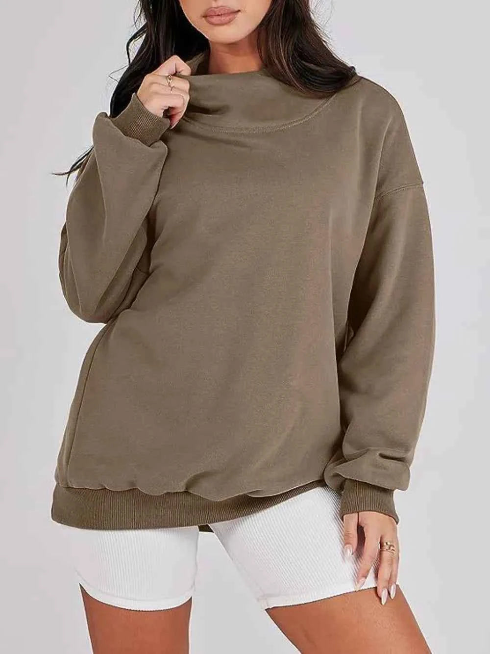 Mock Neck Drop Shoulder Long Sleeve Sweatshirt-Tre(INT8D)