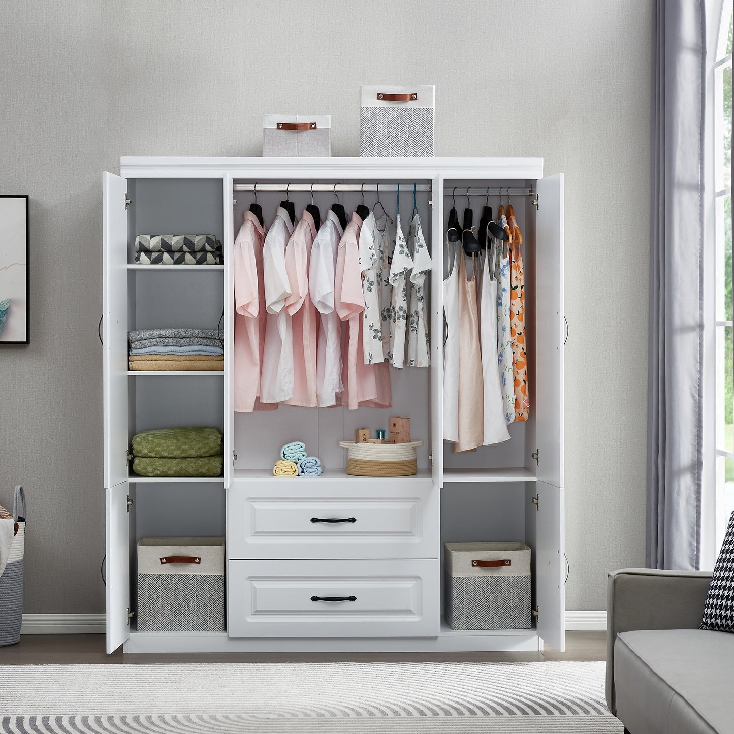 Perssia YG‑15 GrandWard™ — 74" White Freestanding Solid Wood Wardrobe Closet - PERSSIA