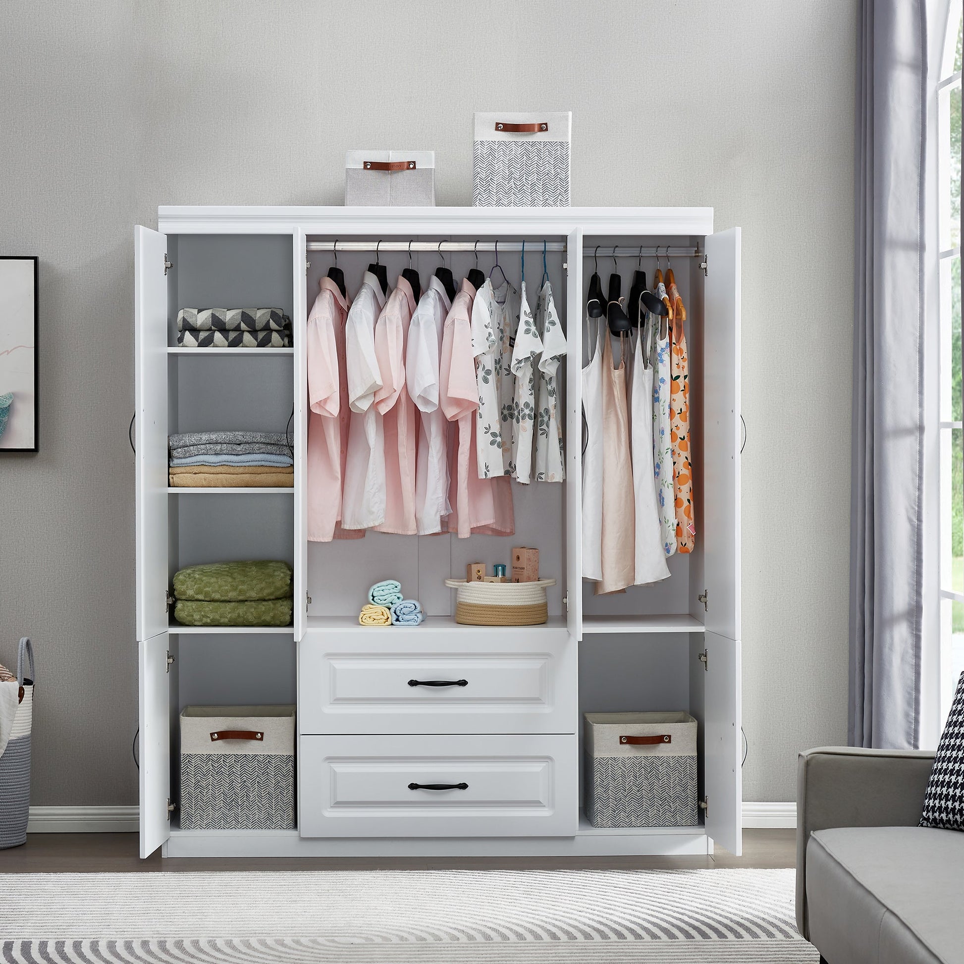 Perssia YG‑15 GrandWard™ — 74" White Freestanding Solid Wood Wardrobe Closet - PERSSIA