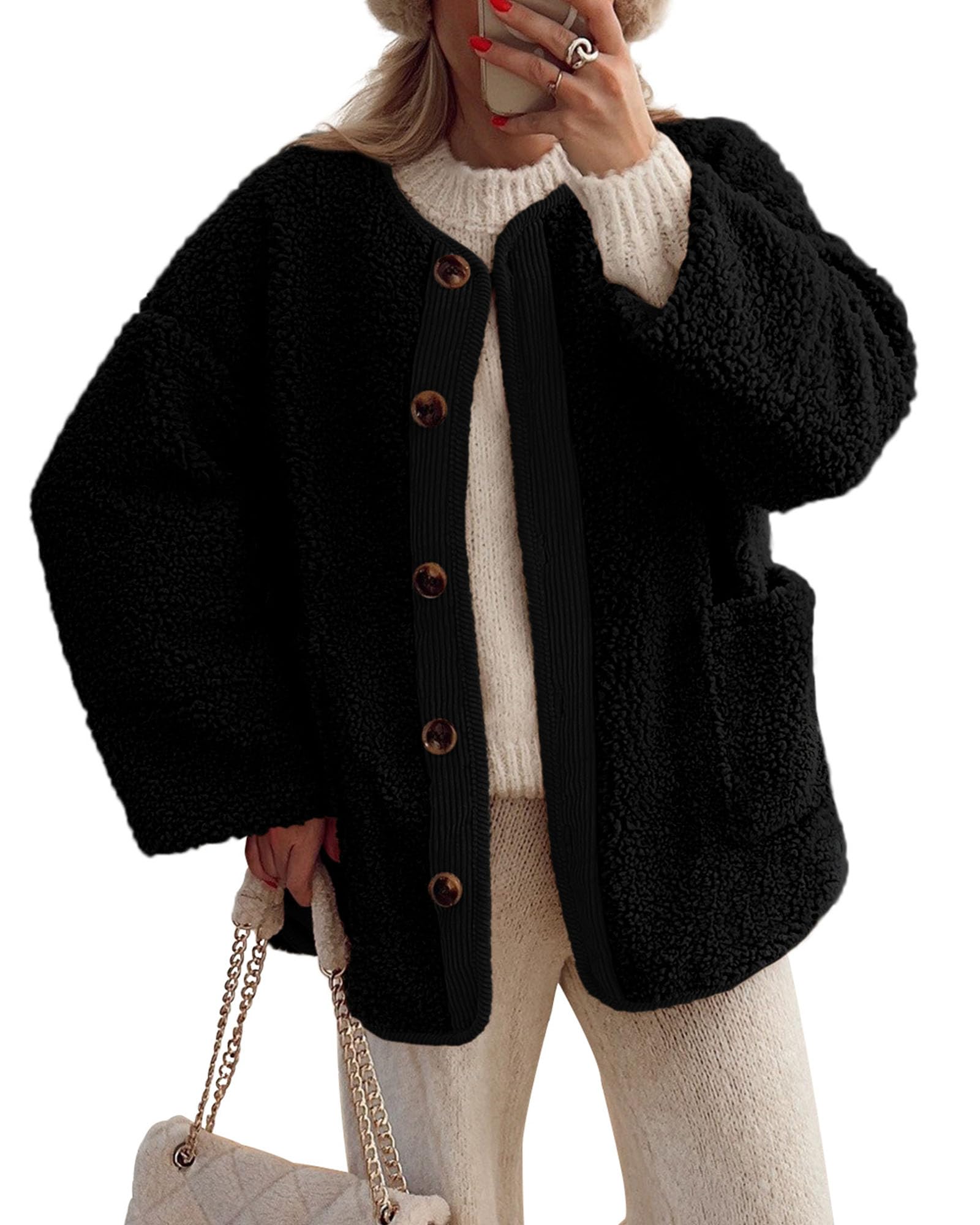 Perssia SherpaLuxe™ Women’s Fuzzy Winter Coat — Button‑Up Warm Fleece Jacket (Black) - PERSSIA